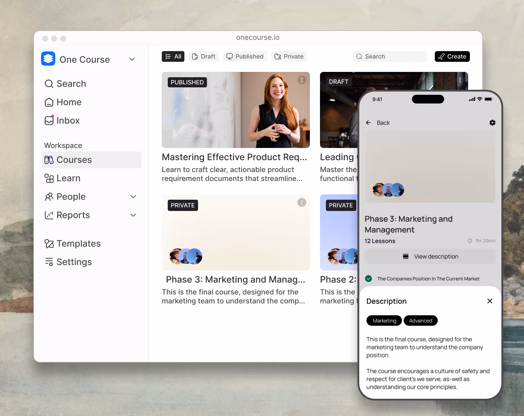 One Course AI-powered learning management system dashboard showing course creation interface